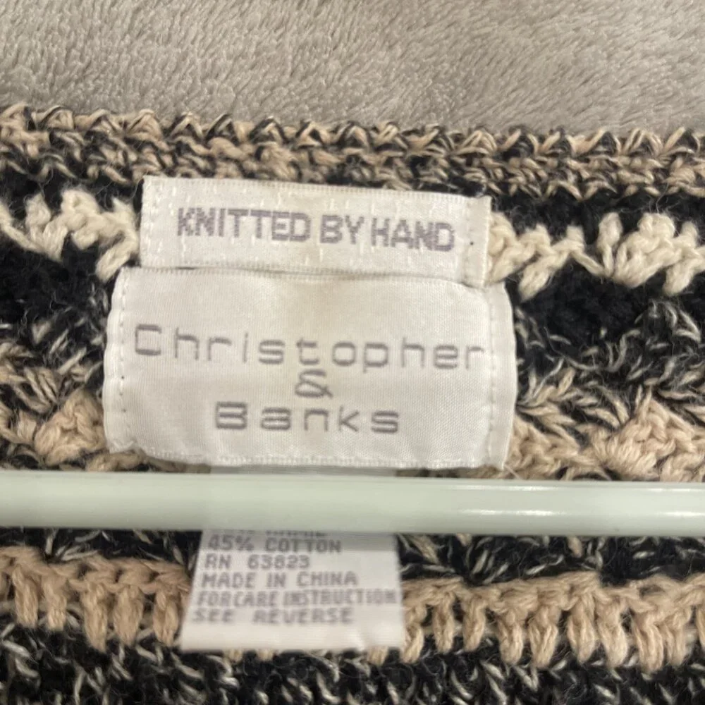 Vtg  Christopher & Banks Hand Knit Cardigan Sweater Women’s M Black, White & Tan